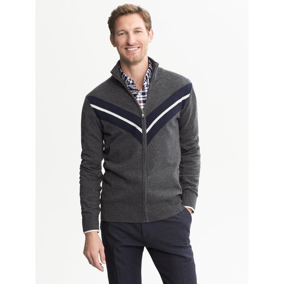 Banana Republic Men's Italian Wool Diagonal Stripe Sweater Jacket in Gray - Sz L - Picture 1 of 8